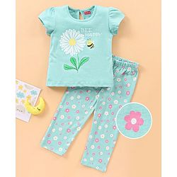 Babyhug Half Sleeves Top with Pyjama Floral Print - Blue