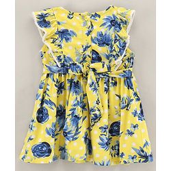 Babyhug 100% Rayon Woven Flutter Sleeves Frock Floral Print- Yellow