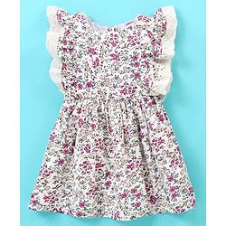 Babyhug 100% Rayon Frill Sleeves Frock With Embroidery & Floral Print- Ivory