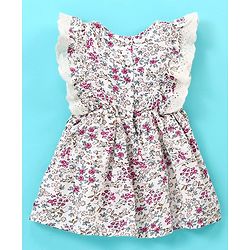 Babyhug 100% Rayon Frill Sleeves Frock With Embroidery & Floral Print- Ivory