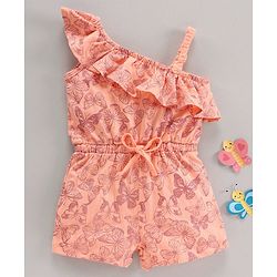 Babyhug 100% Cotton Sleeves Butterfly Prrinted Jumpsuit - Peach