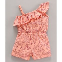 Babyhug 100% Cotton Sleeves Butterfly Prrinted Jumpsuit - Peach
