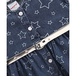 Babyhug Cap Sleeves Denim Frock With Belt Star Print - Blue