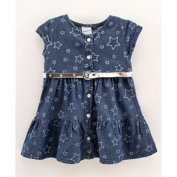 Babyhug Cap Sleeves Denim Frock With Belt Star Print - Blue