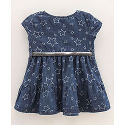 Babyhug Cap Sleeves Denim Frock With Belt Star Print - Blue