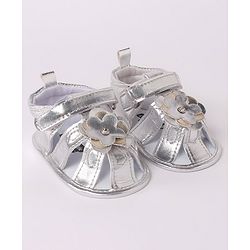 Cute Walk by Babyhug Velcro Closure Sandal Style Booties with Floral Applique - Silver