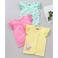 Babyhug Cap Sleeves Cotton Vests Printed Pack of 3 - Pink Blue Yellow