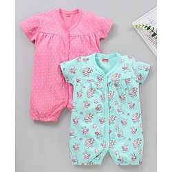 Babyhug 100% Cotton Cap Sleeves Romper Printed Pack of 2- Blue Pink
