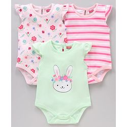 Babyhug Flutter Sleeves 100% Cotton Onesies Striped And Floral Print Pack of 3 - Pink and Blue