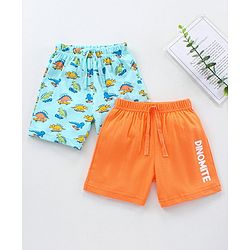 Babyhug Knit Shorts Dino & Text Print Pack of 2 - Sky Blue Coral