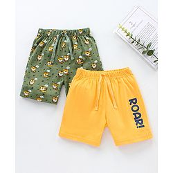 Babyhug Knit Shorts Tiger & Roar Print Pack of 2 - Olive Yellow