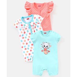 Babyhug 100% Cotton Knit Cap Sleeves Romper Sea Theme Print Pack of 3 - Multicolour