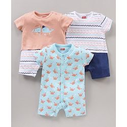 Babyhug 100% Cotton Half Sleeves Romper Marine Animals Print Pack of 3 - Multicolor