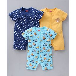 Babyhug 100% Cotton Half Sleeves Romper Multiprint Pack Of 3 - Multicolor