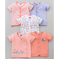 Babyhug Half Sleeves 100% Cotton Vests Dot Stripe And Floral Print Pack Of 5 - Pink Peach Purple