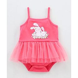 Babyhug 100% Cotton Singlet Sleeves Onesie Bunny Print with Net Detailing - Pink