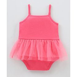 Babyhug 100% Cotton Singlet Sleeves Onesie Bunny Print with Net Detailing - Pink