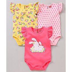 Babyhug 100% Cotton Flutter Sleeves Onesies Multi Print Pack of 3 - Multicolour