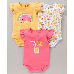 Babyhug 100% Cotton Short Sleeves Onesie Melon Print Pack of 3 - Pink Yellow
