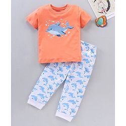 Babyhug Half Sleeves Quick Dry Night Suit Dolphin Print - Orange White