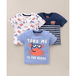Babyhug Half Sleeves Cotton T-Shirts Multi-Print Pack of 3 - Blue White