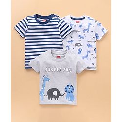 Babyhug Half Sleeves Cotton Striped and Animal Print T-shirts Pack of 3 - Blue Grey