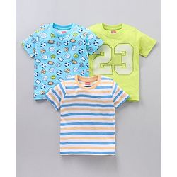 Babyhug Half Sleeves Cotton Football Printed and Striped T-shirts Pack of 3 - Multicolour