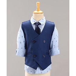 Babyhug Full Sleeves Party Suit Boat Print With Tie - Blue Grey