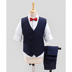 Babyhug Full Sleeves All Over Printed Shirt & Pant Set With Waistcoat - Blue