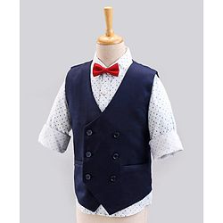Babyhug Full Sleeves All Over Printed Shirt & Pant Set With Waistcoat - Blue