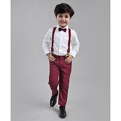 Babyhug Full Sleeves Shirt & Trouser Set with Suspenders & Bow - Red White