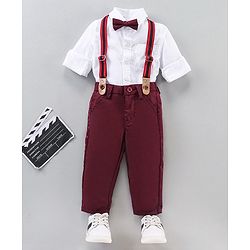Babyhug Full Sleeves Shirt & Trouser Set with Suspenders & Bow - Red White