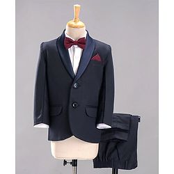 Babyhug Full Sleeves 5 Piece Party Suit With Bow & Pocket Square - Dark Blue