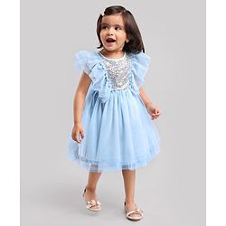 Babyhug Woven Sleeveless Ruffled Party Frock Sequin - Blue