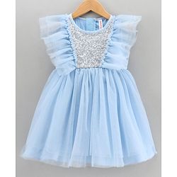 Babyhug Woven Sleeveless Ruffled Party Frock Sequin - Blue