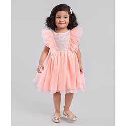 Babyhug Woven Sleeveless Ruffled Party Frock Sequin - Peach
