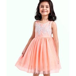 Babyhug Sleeveless Party Wear Embroidered Frock With Net Detailing- Peach