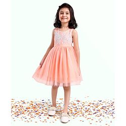 Babyhug Sleeveless Party Wear Embroidered Frock With Net Detailing- Peach
