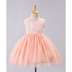 Babyhug Sleeveless Party Wear Embroidered Frock With Net Detailing- Peach