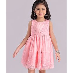 Babyhug Sleeveless Knee Length Solid Color Embroidered Party Dress - Pink