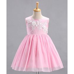 Babyhug Sleeveless Party Wear Frock Floral Embroidery & Applique- Pink