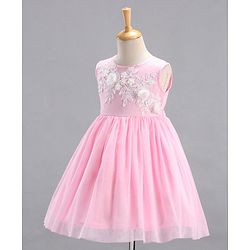 Babyhug Sleeveless Party Wear Frock Floral Embroidery & Applique- Pink