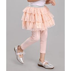 Babyhug Knee Length Flared Skirt With Leggings Glitter Print - Peach