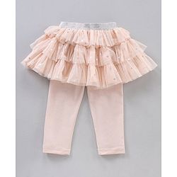 Babyhug Knee Length Flared Skirt With Leggings Glitter Print - Peach