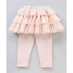 Babyhug Knee Length Flared Skirt With Leggings Glitter Print - Peach