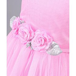 Babyhug Sleeveless Party Wear Frock With Net Detailing & Floral Applique- Pink