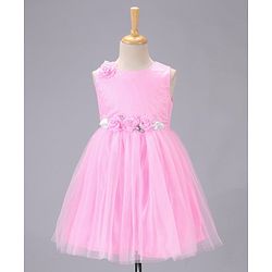 Babyhug Sleeveless Party Wear Frock With Net Detailing & Floral Applique- Pink