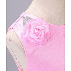 Babyhug Sleeveless Party Wear Frock With Net Detailing & Floral Applique- Pink