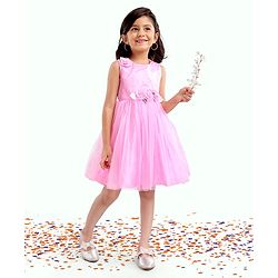 Babyhug Sleeveless Party Wear Frock With Net Detailing & Floral Applique- Pink