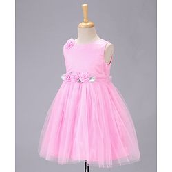 Babyhug Sleeveless Party Wear Frock With Net Detailing & Floral Applique- Pink